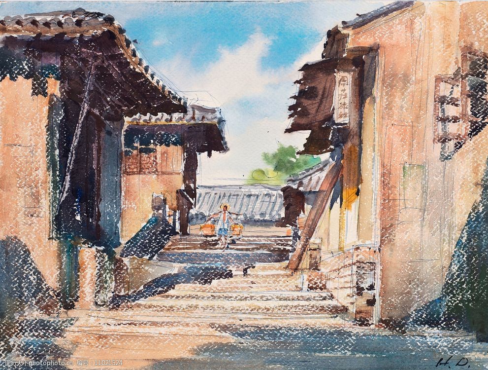 水彩 哈定 边陲山村 山村 房屋 水彩画 中国画 绘画书法 水彩哈定