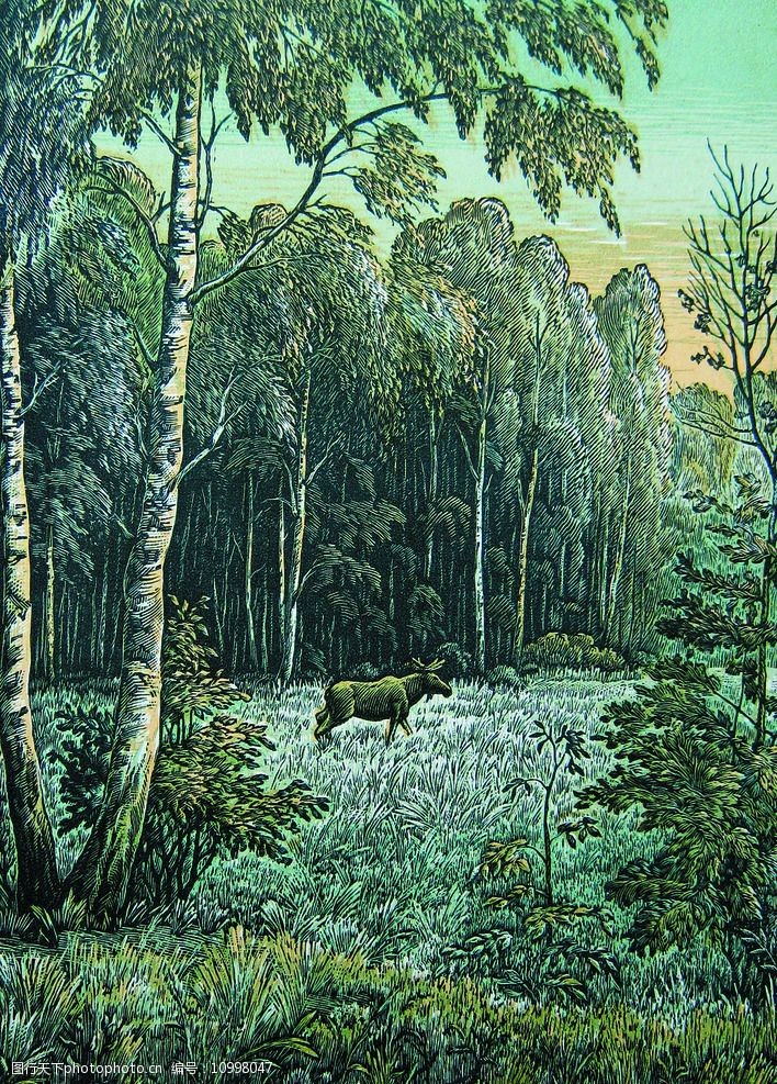 关键词:茂盛树林 美术 版画 风景 山岭 树林 树木 花草 草地 动物