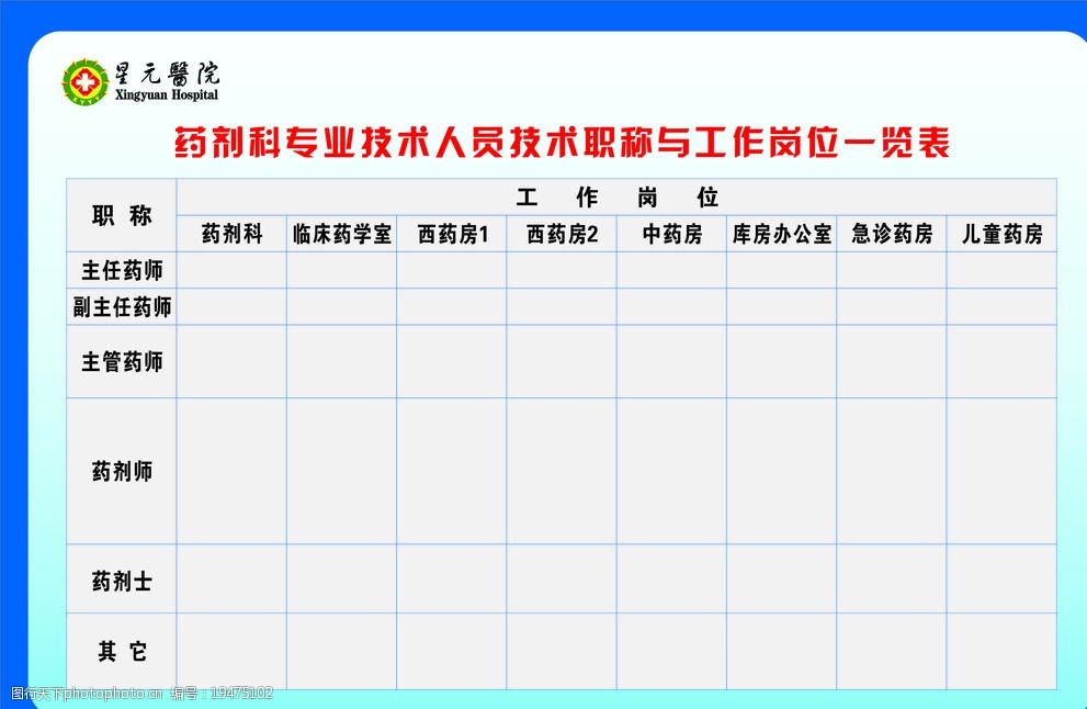 关键词:药剂科工作岗位一览表 药剂科 岗位一览表 医院展板 人员表