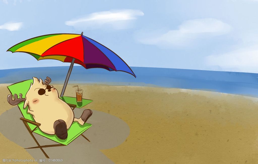 海边 手绘 鹿小漫 晒日 图片素材 卡通动漫可爱图片