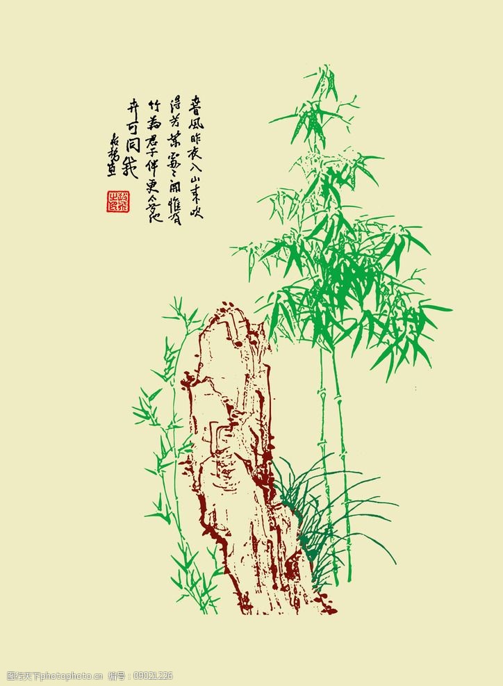 关键词:竹子 水墨风格 石头 诗歌 复古背景 浅黄色背景 设计 自然景观