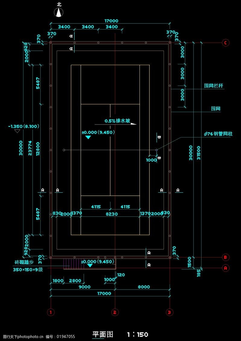 网球场平面图cad图纸