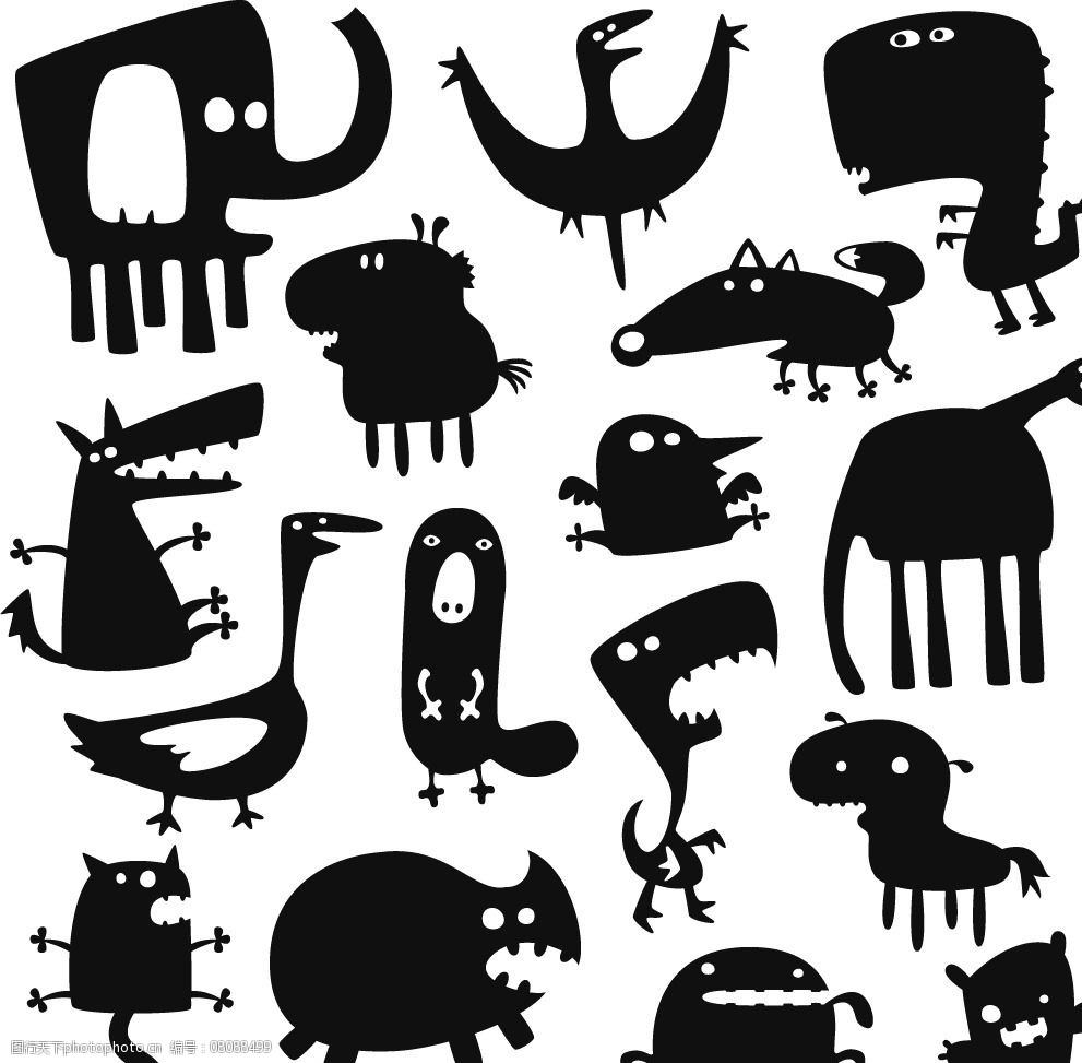关键词:动物剪影 大象 猫 老鼠 鸭子 猪 卡通动物 设计 生物世界 其他