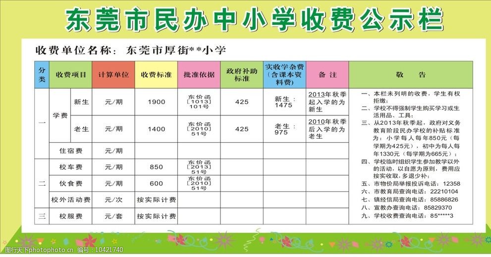 东莞市民办中小学收费公示栏图片