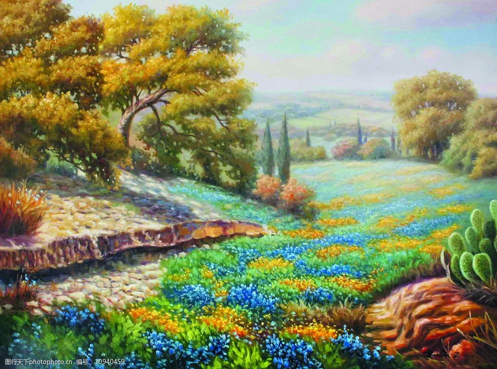 关键词:田园花草香 美术 油画 风景 山野 花木 花草 花朵 树木 草地