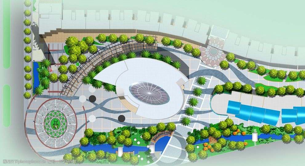 广场规划平面图 鲜花 草地 树木 游泳池 建筑物 灰绿色背景 设计 环境