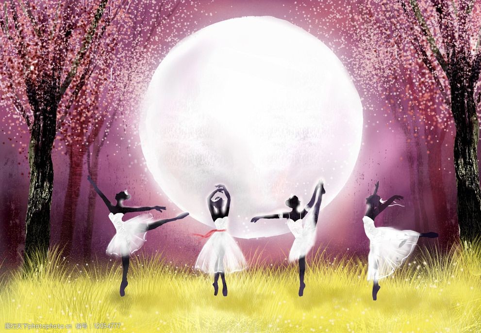 月光下跳舞的女孩风景插画图片