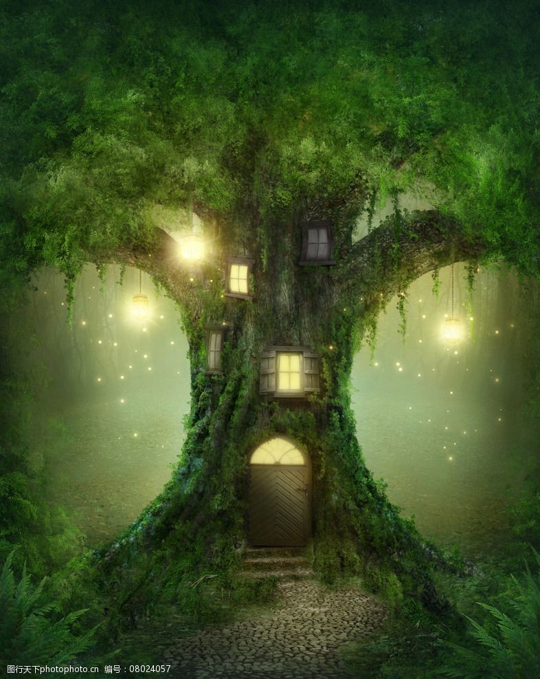 唯美 浪漫 童话 温馨 森林 大树 树屋 灯光 设计 动漫动画 风景漫画