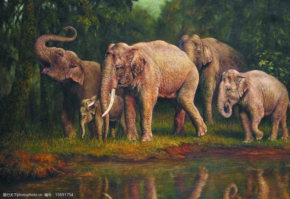 关键词:森林群象1 美术 油画 动物 大象 群象 森林 树木 江水 设计