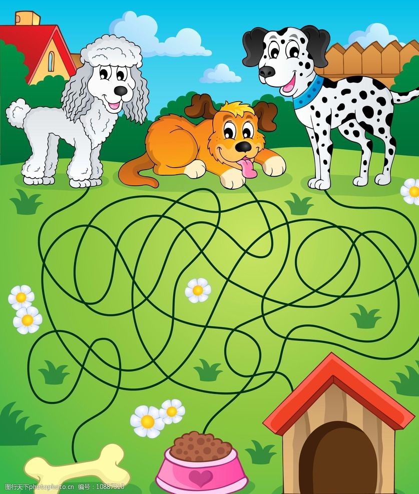 关键词:迷宫插图 手绘卡通插画 宠物狗 儿童绘画 卡通背景 背景底纹