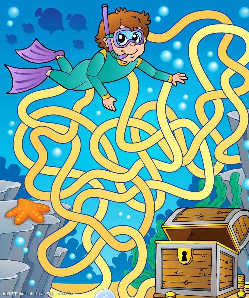 关键词:迷宫插图 手绘卡通插画 海底宝藏 潜水员 儿童绘画 卡通背景