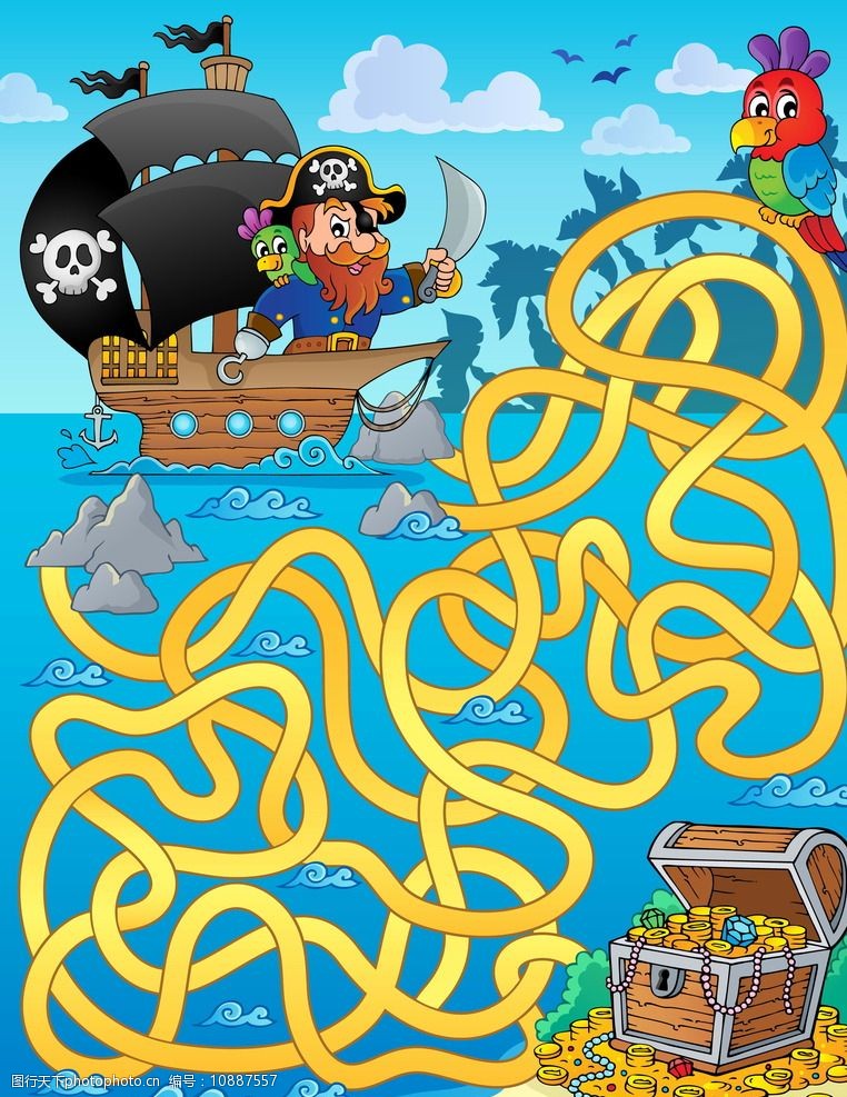 关键词:迷宫插图 手绘卡通插画 海盗 宝藏 航海 儿童绘画 卡通背景