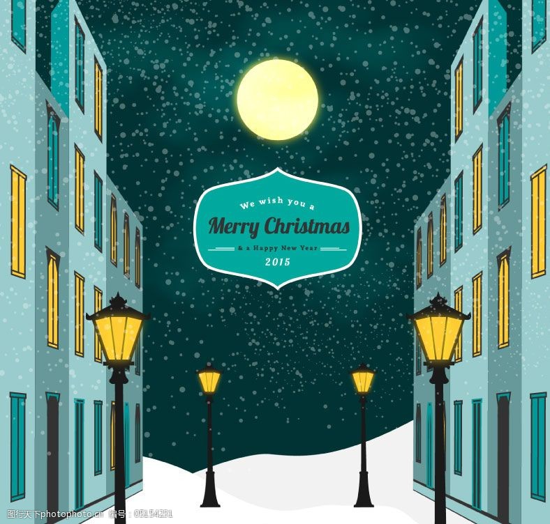 圣诞夜街道背景免费下载 建筑 街道 路灯 圣诞节 矢量图 雪花 夜晚