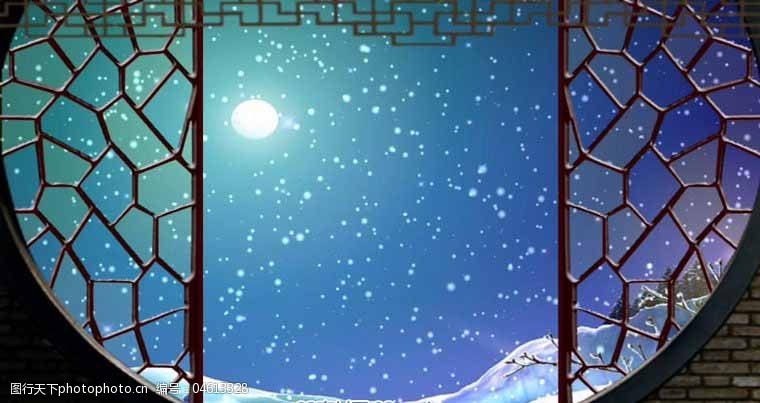 月光雪景古典窗棂戏曲动态素材