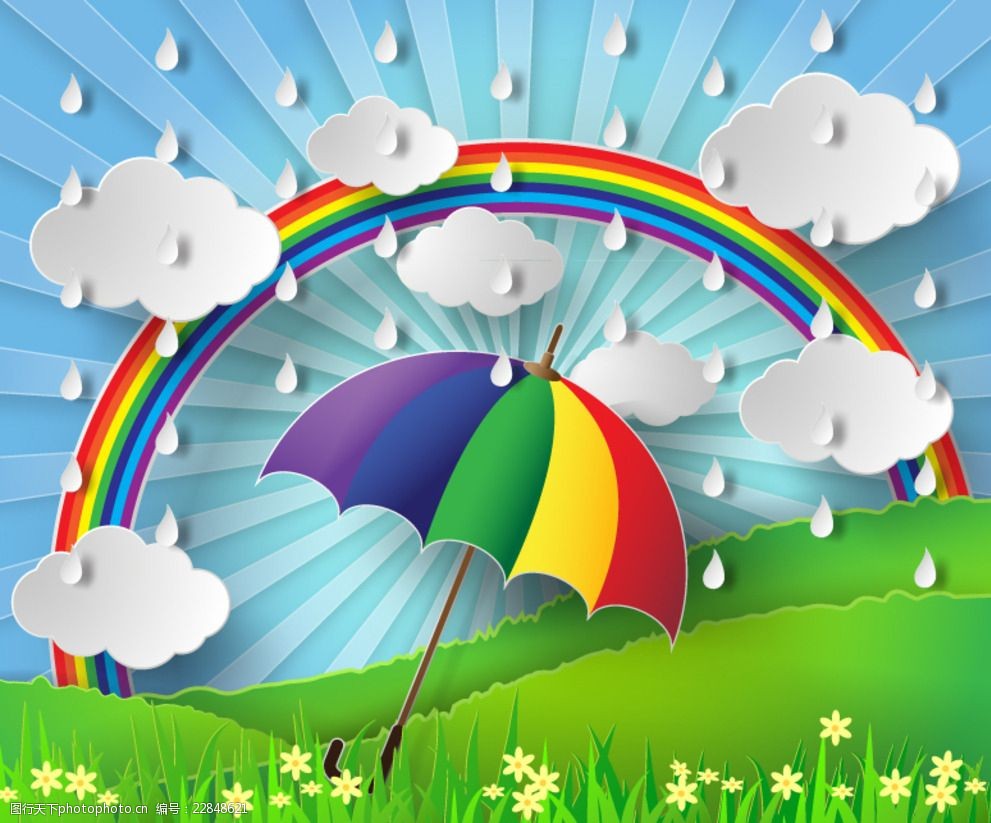 雨季雨伞与彩虹剪贴画矢量素材图片-图行天下图库