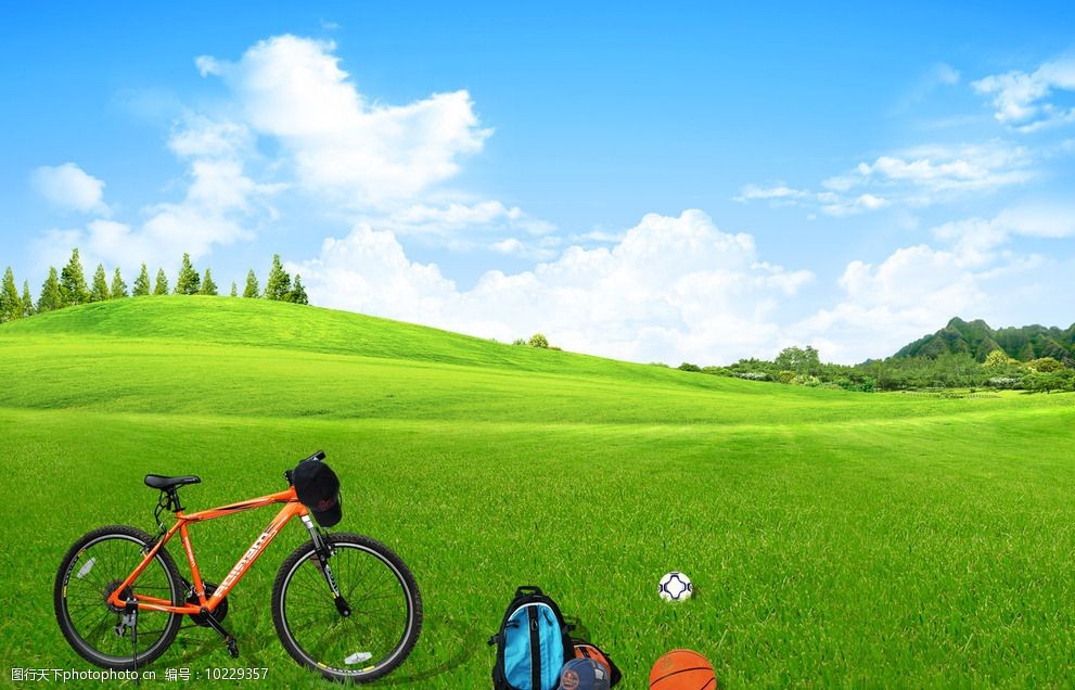 草地自行车风景素材图片