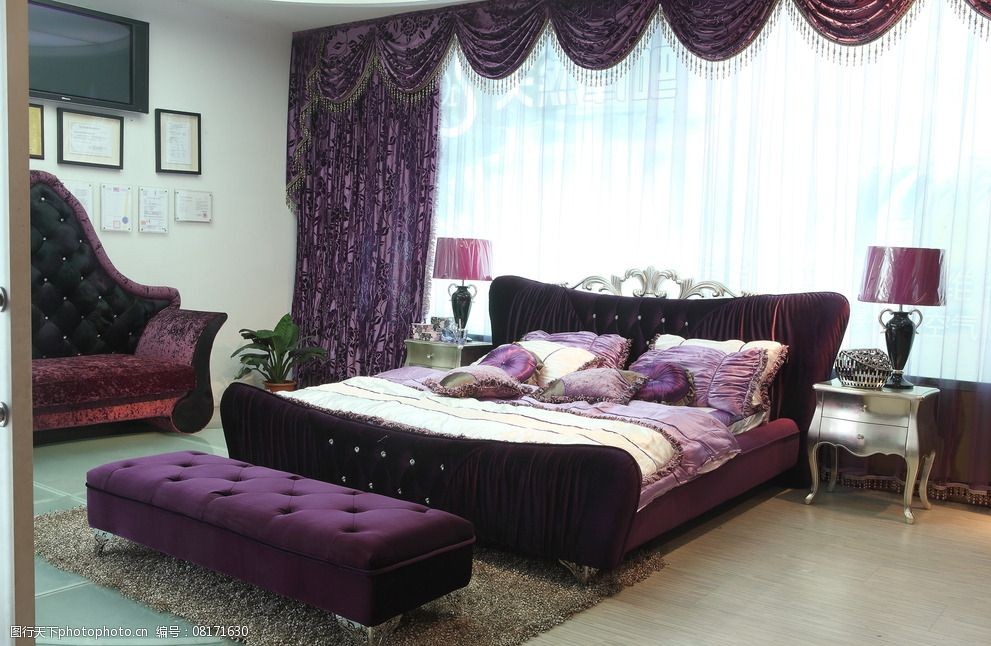 大床紫色床窗帘灯图片