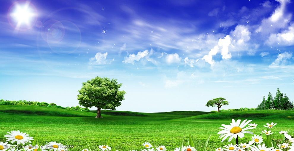 关键词:草地风景广告 草地 鲜花 树木 阳光 蓝天 白云 设计 环境设计
