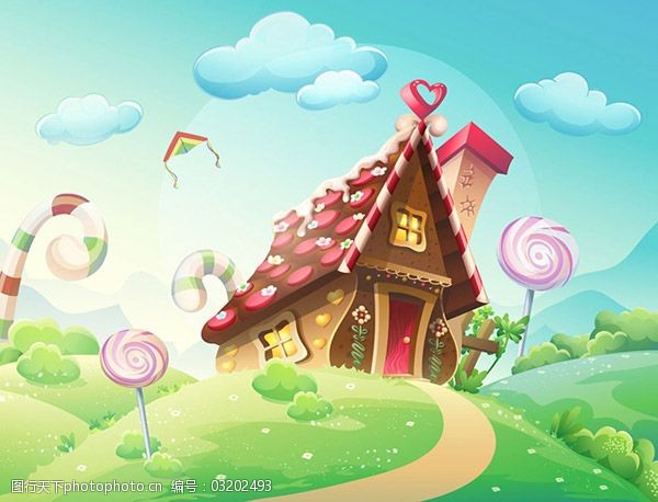 童话世界插画矢量图免费下载 棒棒糖 卡通房子 糖果屋 童话世界插画