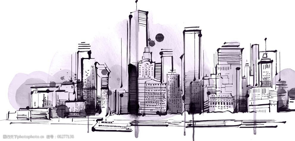 手绘都市高楼背景素材素描建筑物图片