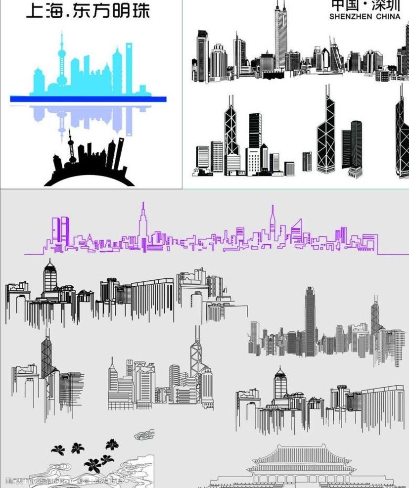 关键词:城市剪影 素描 cdr文件 黑色为主 都市映象 设计 现代科技