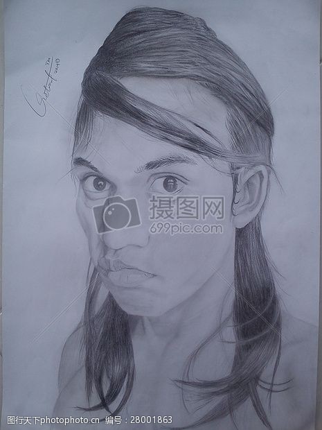 关键词:一个女人的画像 素描 铅笔 绘制头发 眼睛 鼻子 嘴巴 英文