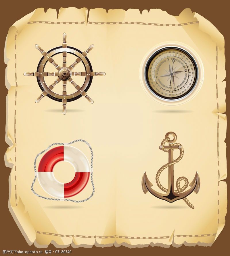 复古航海元素矢量素材免费下载 背景 船舵 船锚 救生圈 纸张 指南针