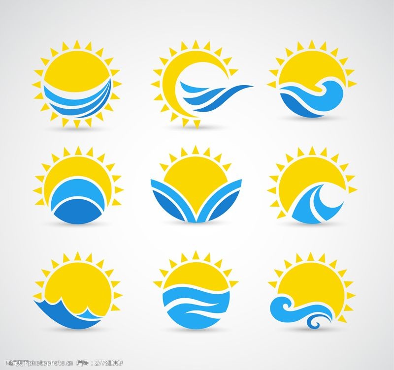 阳光大海太阳海浪标志卡通图标logo商标