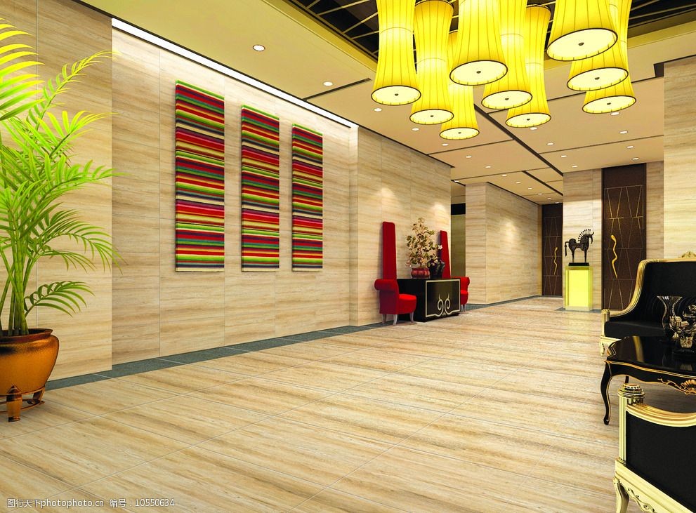 关键词:酒店走廊 木纹瓷砖地板 黄色吊灯 现代风格 暖色风