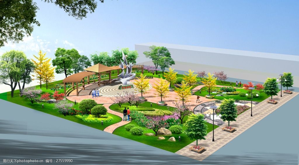 校园景观 园林设计 木亭子花架 广场铺装 花池树池 psd 绿色