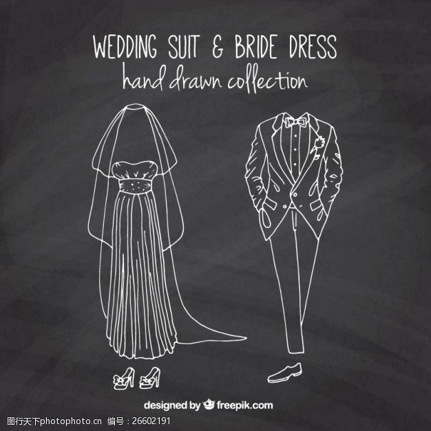 在黑板上画新娘礼服和婚礼服