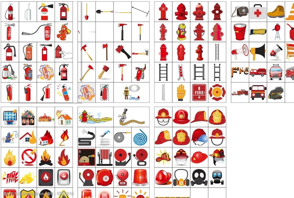 消防斧 消防栓 消防管 消防车 警笛 消防头盔 火灾现场 设计 标志图标