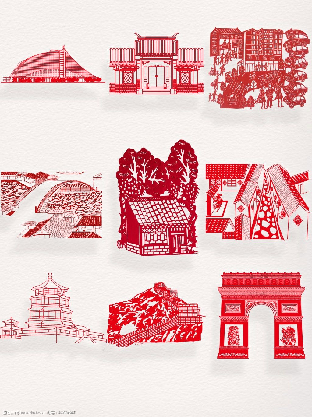 关键词:一组红色剪纸建筑元素设计 传统文化 剪纸素材 剪纸艺术 建筑