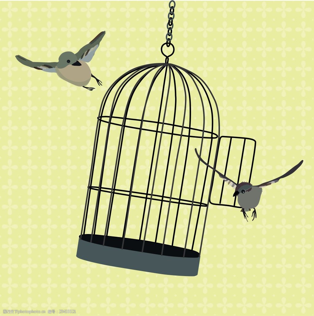 卡通小鸟和鸟笼插画