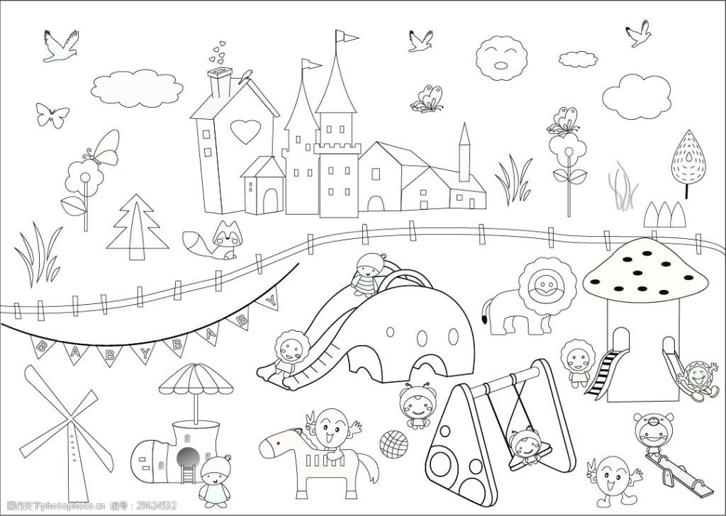 儿童乐园 蝴蝶 简笔画 简约 卡通动物 可爱 矢量 线条形状 游乐园