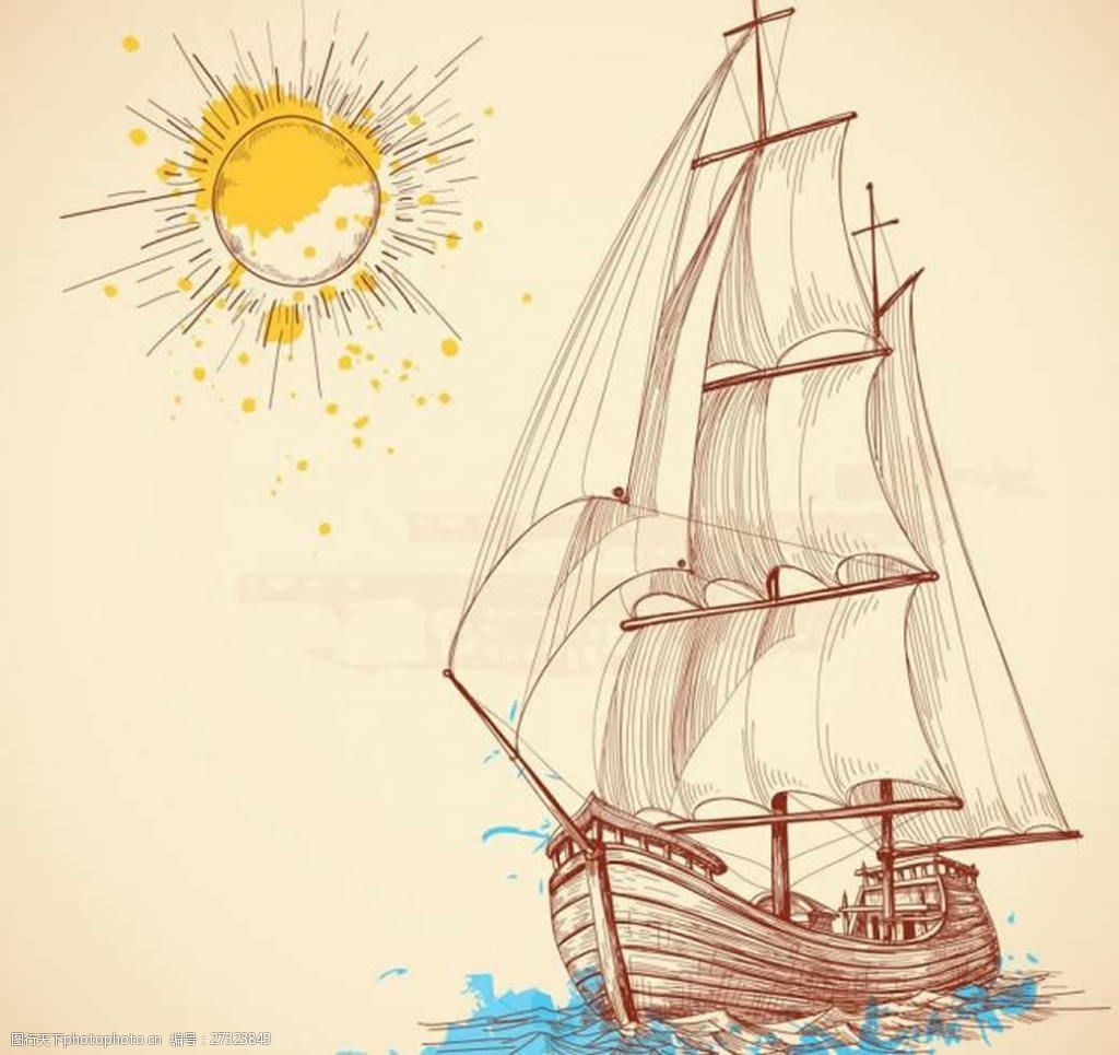 关键词:复古风格帆船插画 交通工具 船 帆船 海洋 太阳 手绘帆船 插画