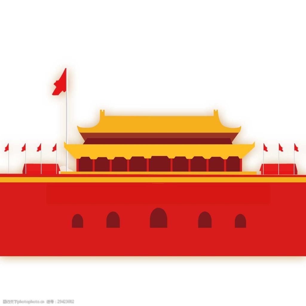 卡通天安门png元素 png元素 北京 红旗 红色 免抠元素 首都 肃立