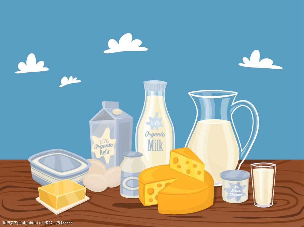 关键词:营养美味的牛奶早餐 插画 卡通 美味 奶酪 奶制品 牛奶 营养
