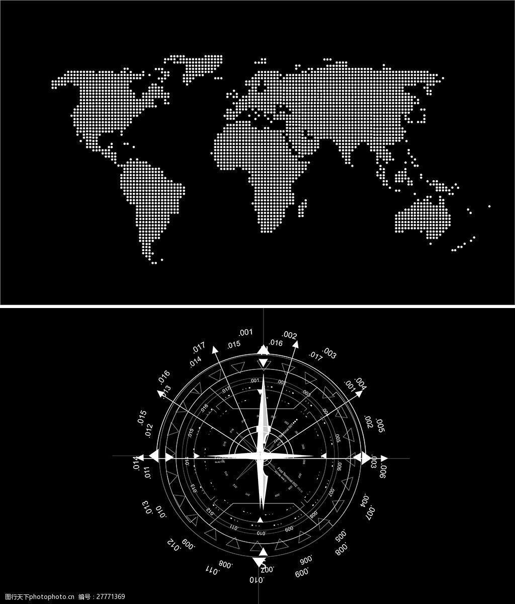 点阵世界地图和罗盘ai矢量