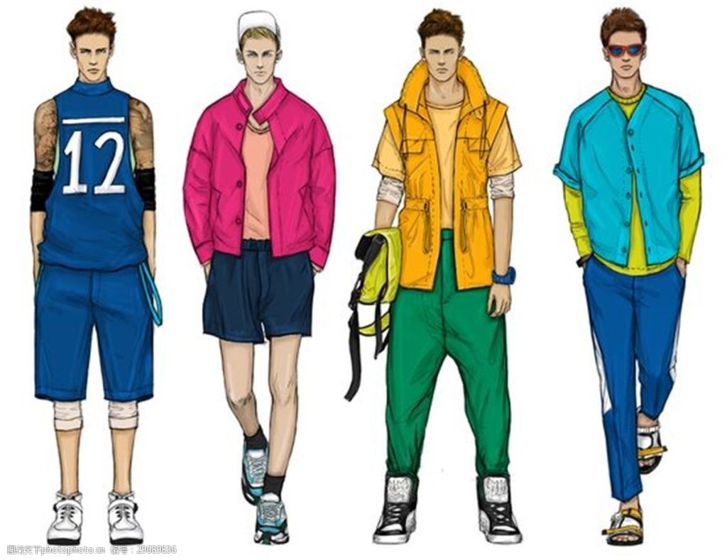 关键词:橙色外套 服装设计 蓝色衬衫 篮球衣 男装 时尚青春艳色男装