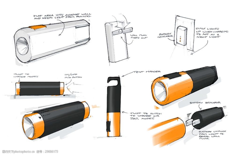 关键词:产品设计 橙色 功能工业设计 黑色 闪光灯 手电筒 创意sos紧急