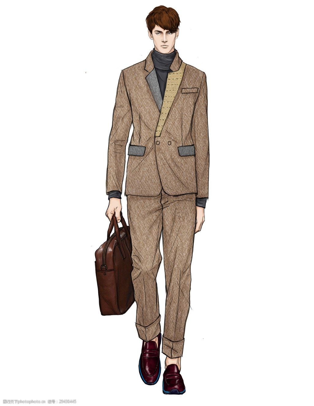 关键词:时尚浅褐色西装外套男装效果图 服装设计 男装 男装效果图