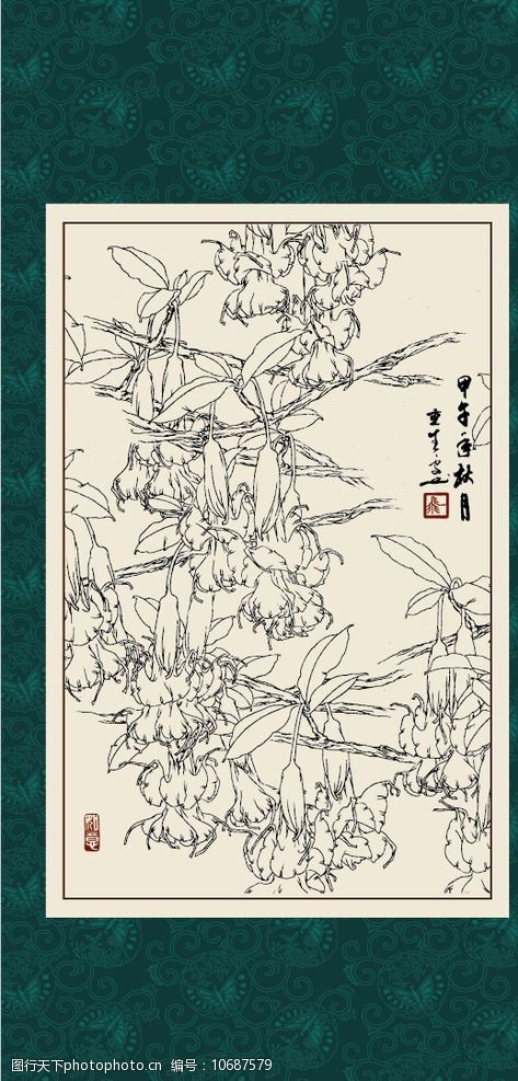 白描 线描 绘画 手绘 国画 印章 植物 花卉 工笔 gx150027 白描曼陀罗