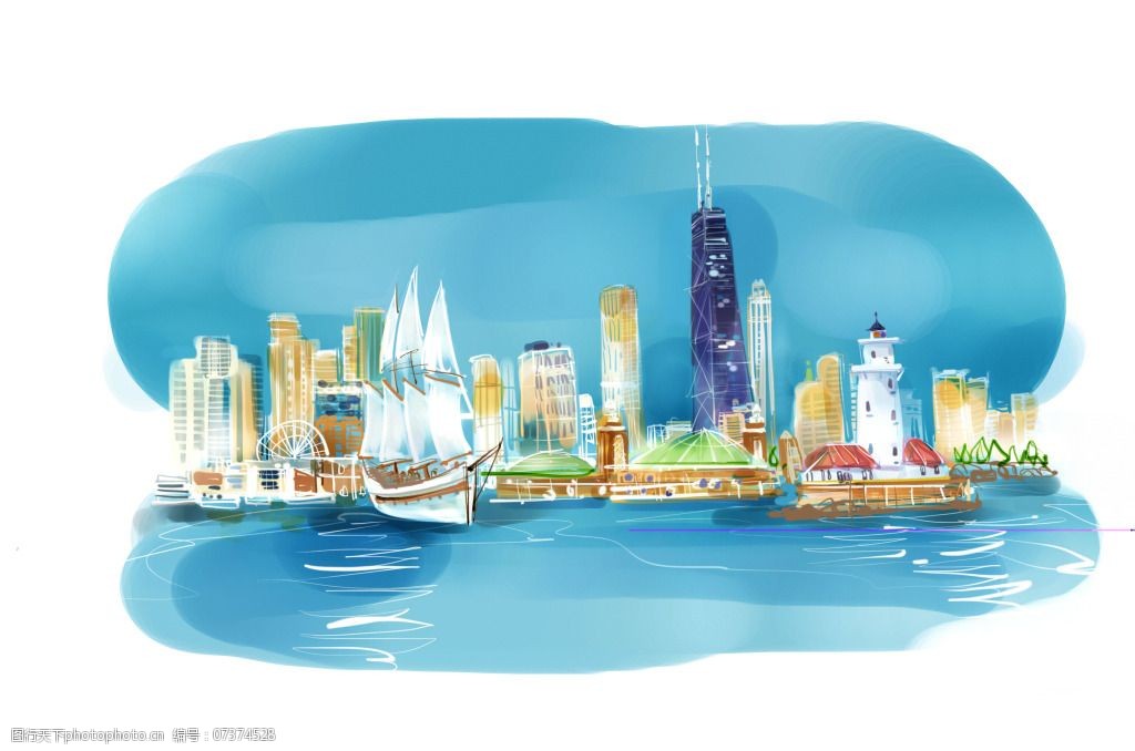 帆船海边城市复古插画