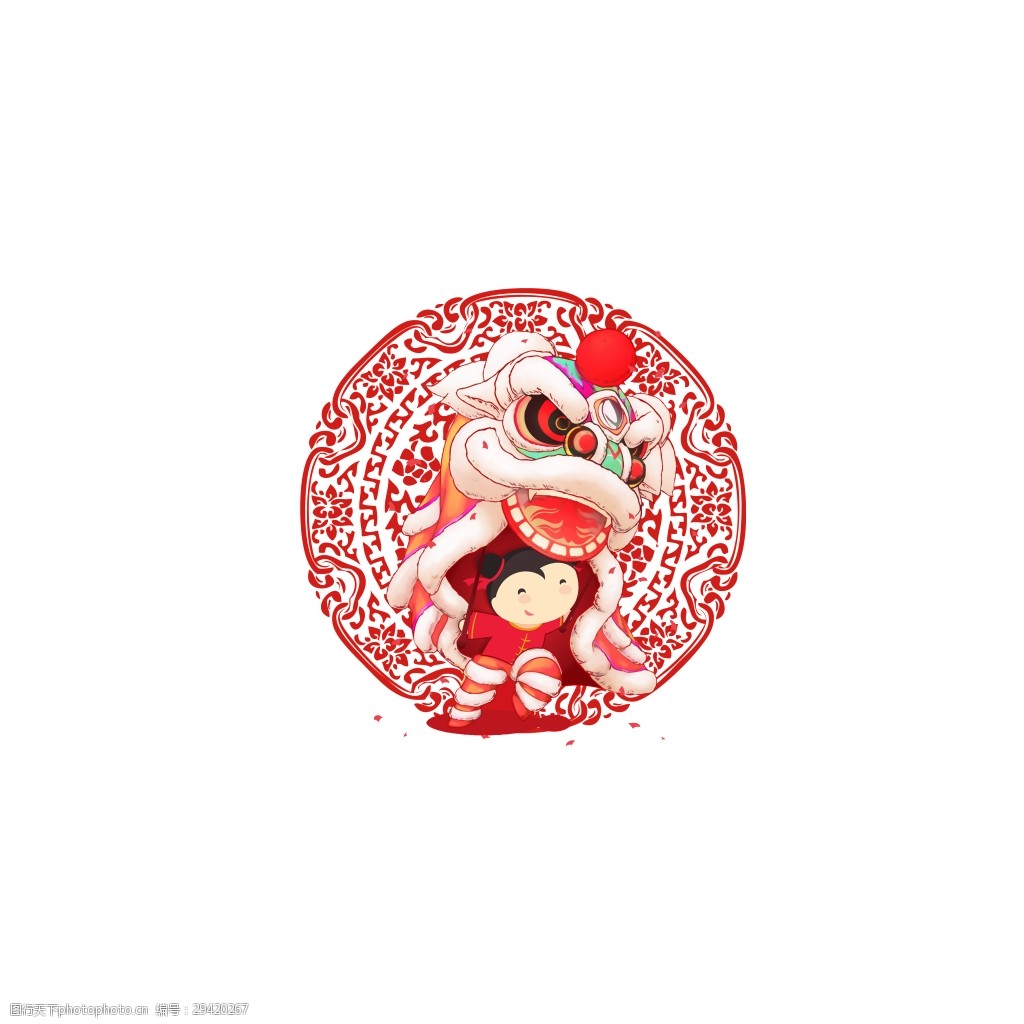 红色喜庆儿童舞狮装饰素材 儿童 复古花纹 古典 红色 节日 舞狮 喜庆
