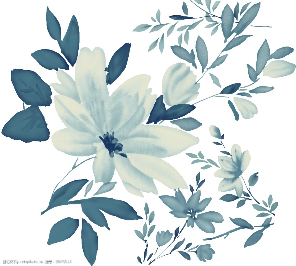 古典中国风唯美蓝白色花朵元素