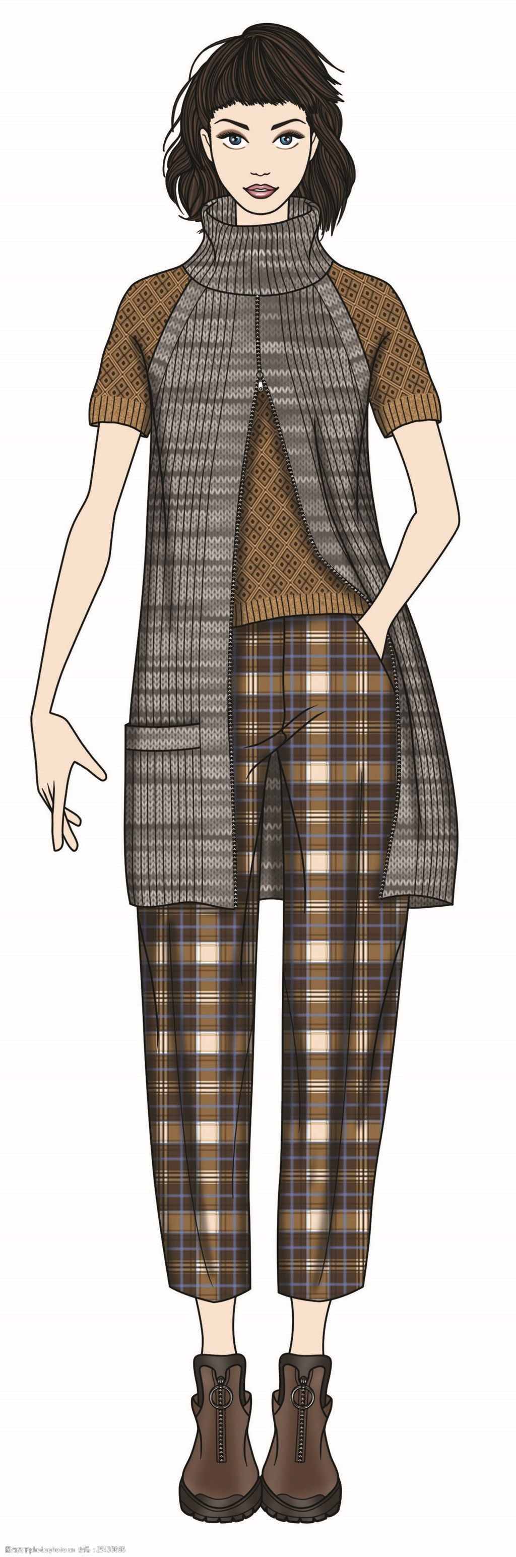 关键词:简约假两件套短袖女装服装效果图 短发模特 短袖 服装效果图