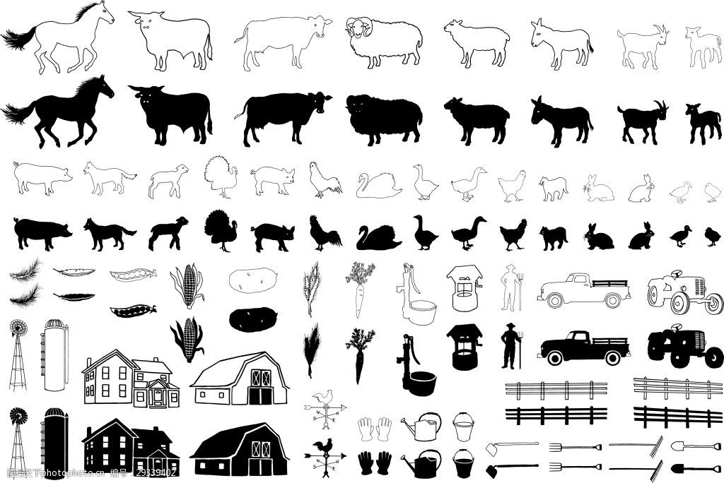 关键词:矢量农场动物剪影 动物 马 奶牛 牛 农场 农庄 矢量动物 矢量