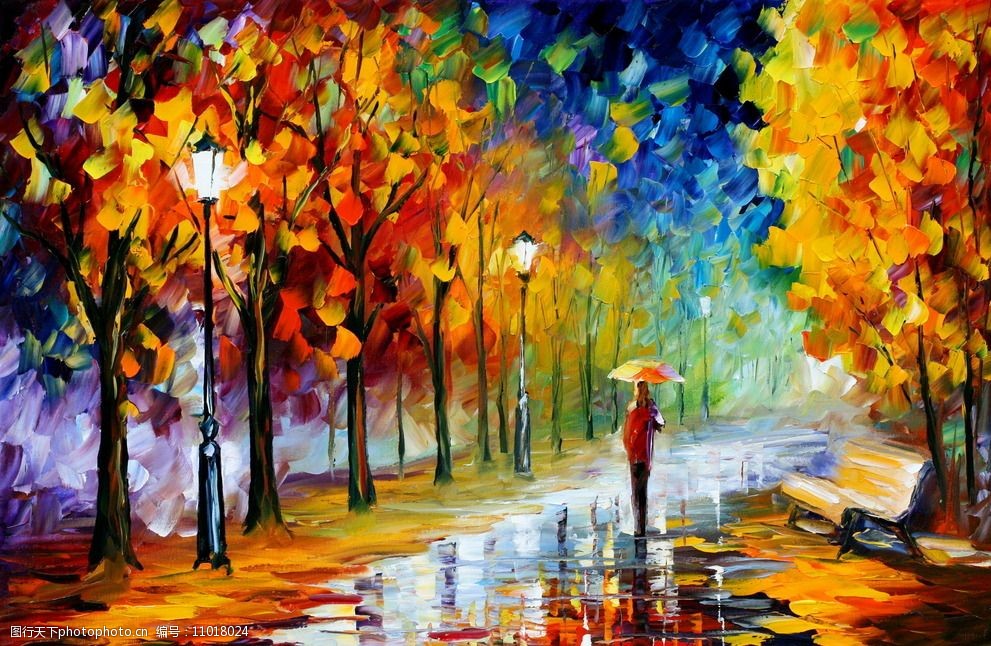 浪漫林荫小道油画图片