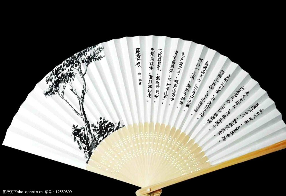 折扇墨画树枝夏夜叹诗图片